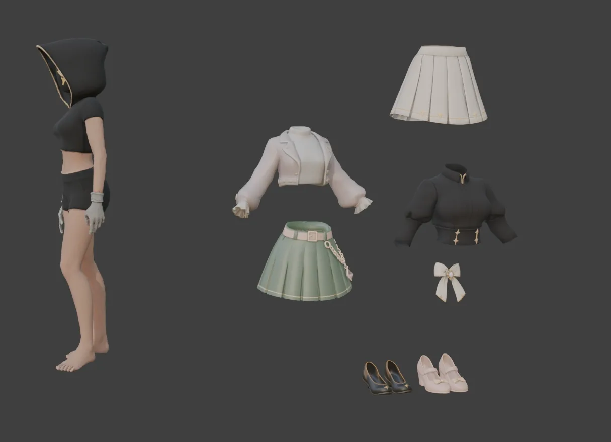 One outfit broken down into top, skirt, shoes and accessories