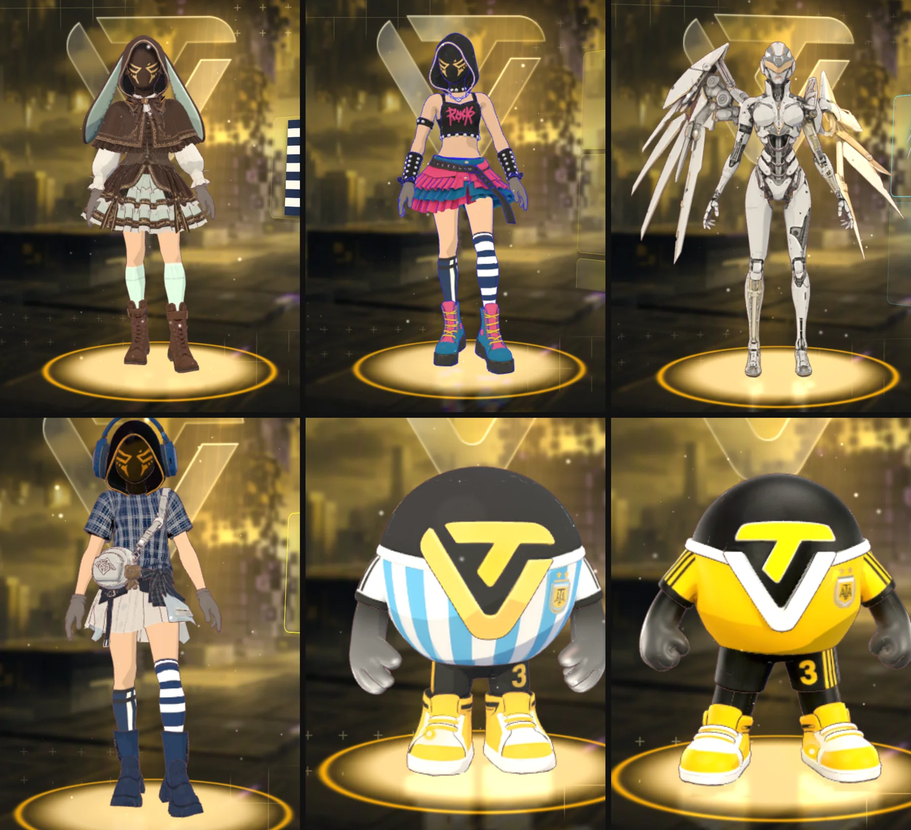 The five outfits and the mascot suit as they appear in the game