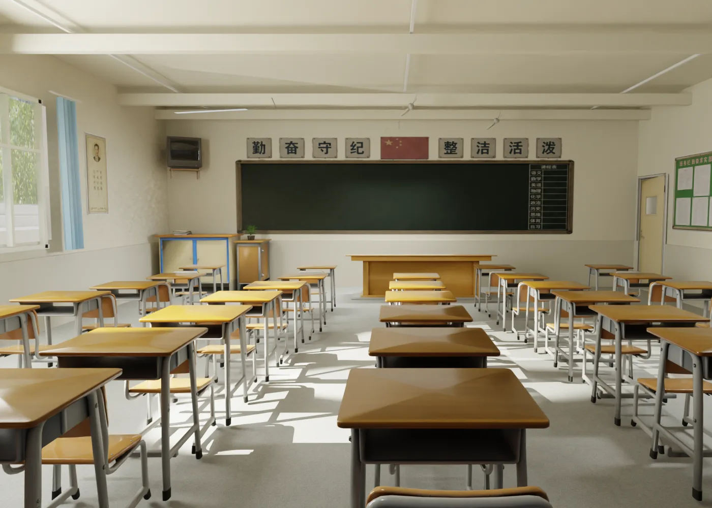 Render finale: l'aula con texture, modelli Tripo e illuminazione ormai convergenti