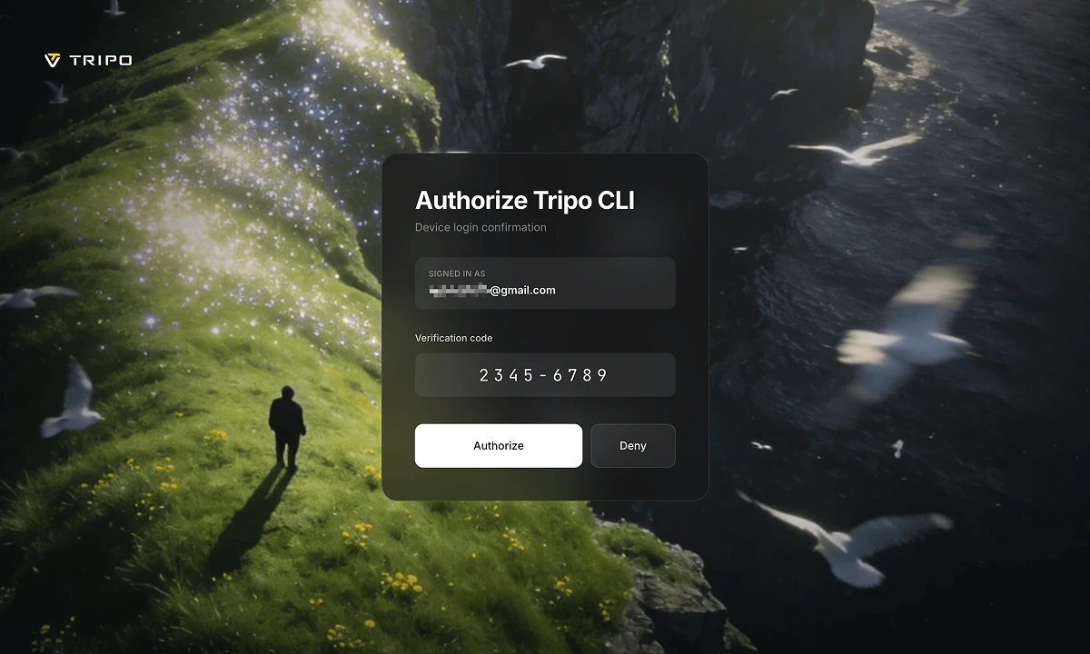 Pagina di autorizzazione del dispositivo Tripo CLI nel browser con codice di verifica