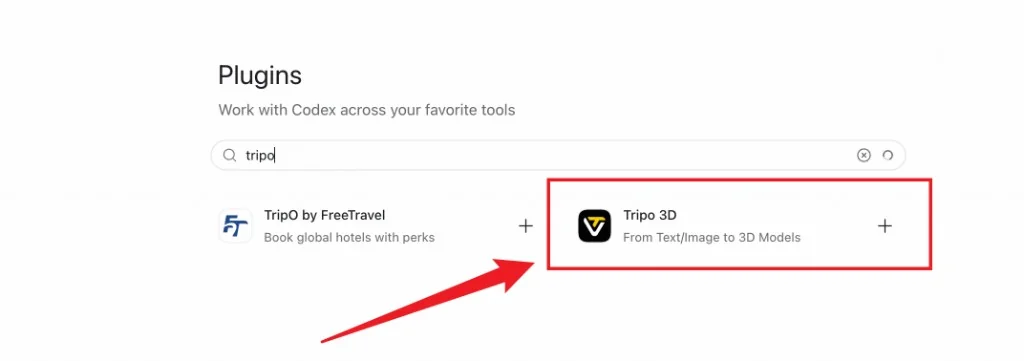 Risultati della ricerca “tripo” nel Plugins Directory di Codex, con il plugin Tripo 3D evidenziato
