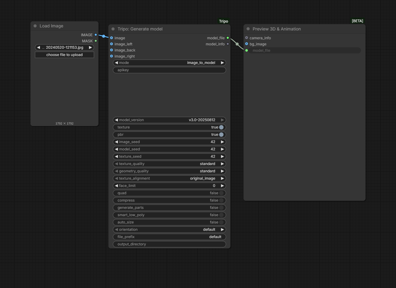 ComfyUI-Bild-zu-Mesh-Workflow mit Load Image, Tripo Generate model und Preview 3D