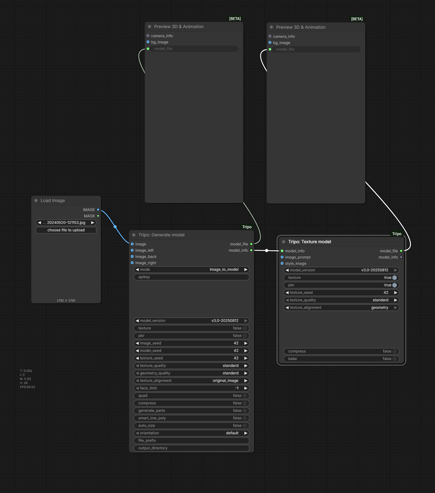ComfyUI-Textur-Workflow mit Generate model, Texture model und zwei Preview-3D-Nodes